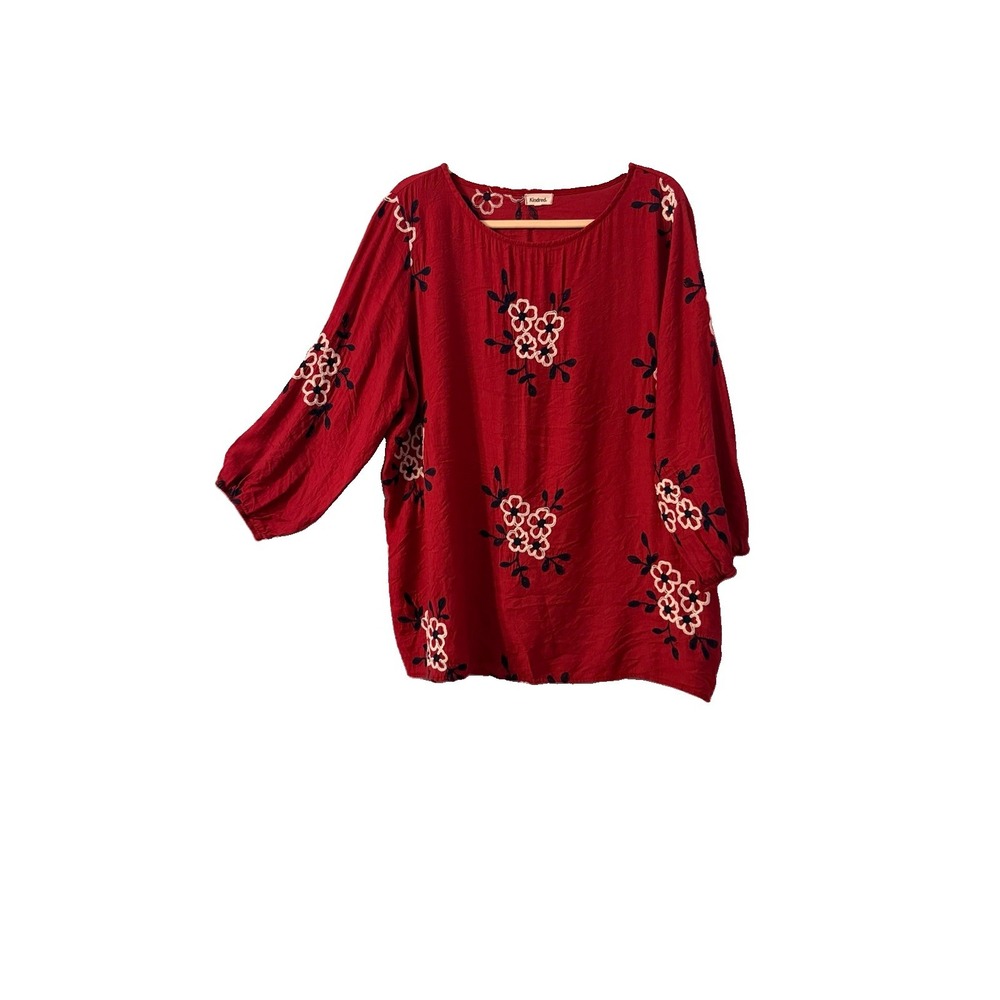 Anthropologie Kindred Embroidered Blouse Top Size 2X Puff Sleeves Floral Boho